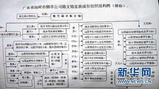 圖為廣東省汕尾市煙草專賣局局長陳文鑄家族成員組織結(jié)構(gòu)圖（1月13日攝）。新華社記者 劉大江 攝