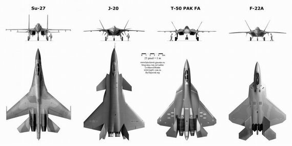 資料圖：殲-20戰(zhàn)機(jī)與蘇-27、T-50、F-22A對比圖。